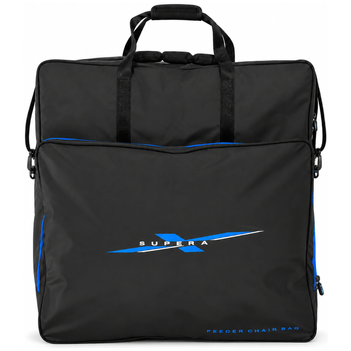 Preston Supera X Chair Bag – zwarte tas voor feederstoel met draaggrepen, schouderriem en blauw-wit Supera X-logo