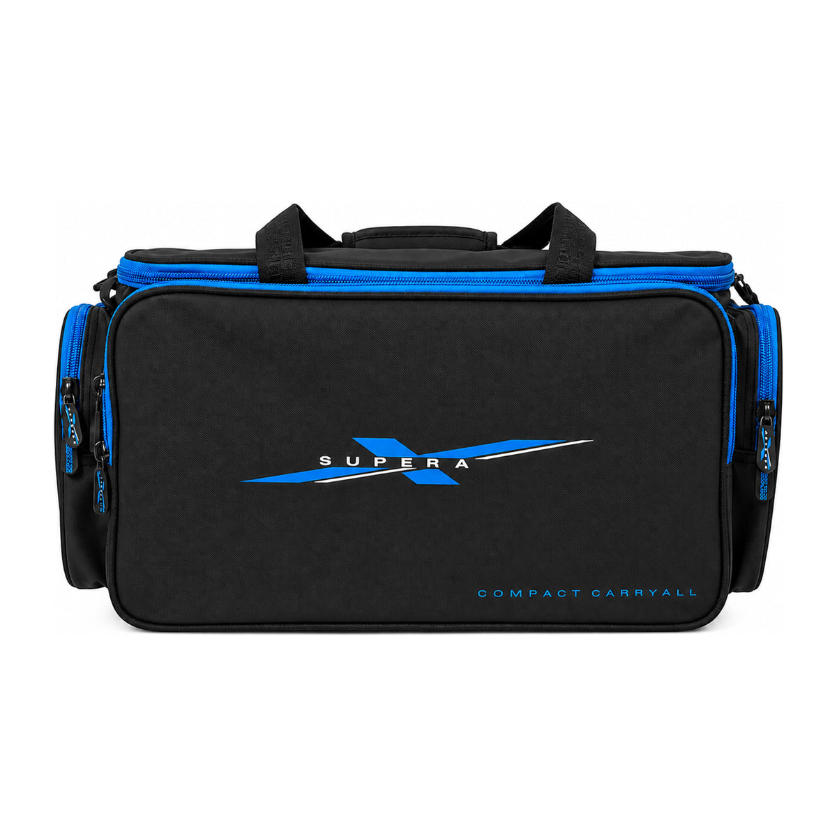 Preston Supera X Compact Carryall: zwarte draagtas met blauwe ritsen en twee draaggrepen