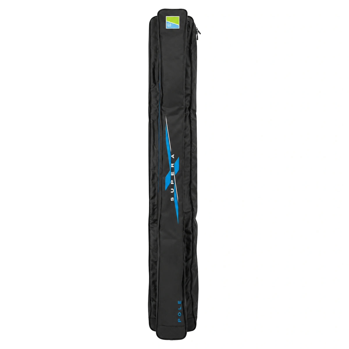 Preston Supera X Pole-foedraal in zwart met lang voorvak, SUPERA-opdruk en blauwe POLE-modelnaam