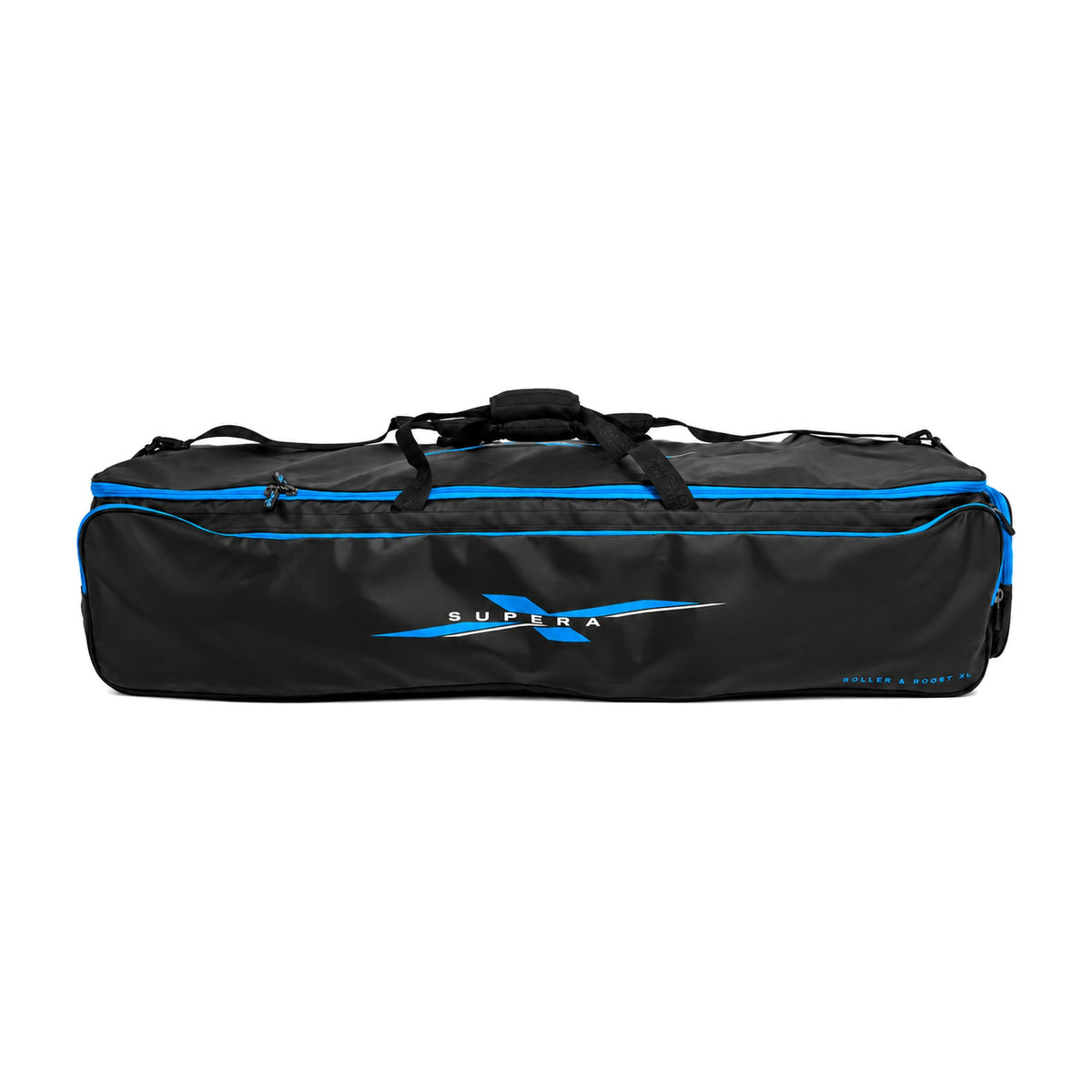 Preston Supera X Roller & Roost XL – zwarte opbergtas met blauwe ritsen, volledig vooraanzicht