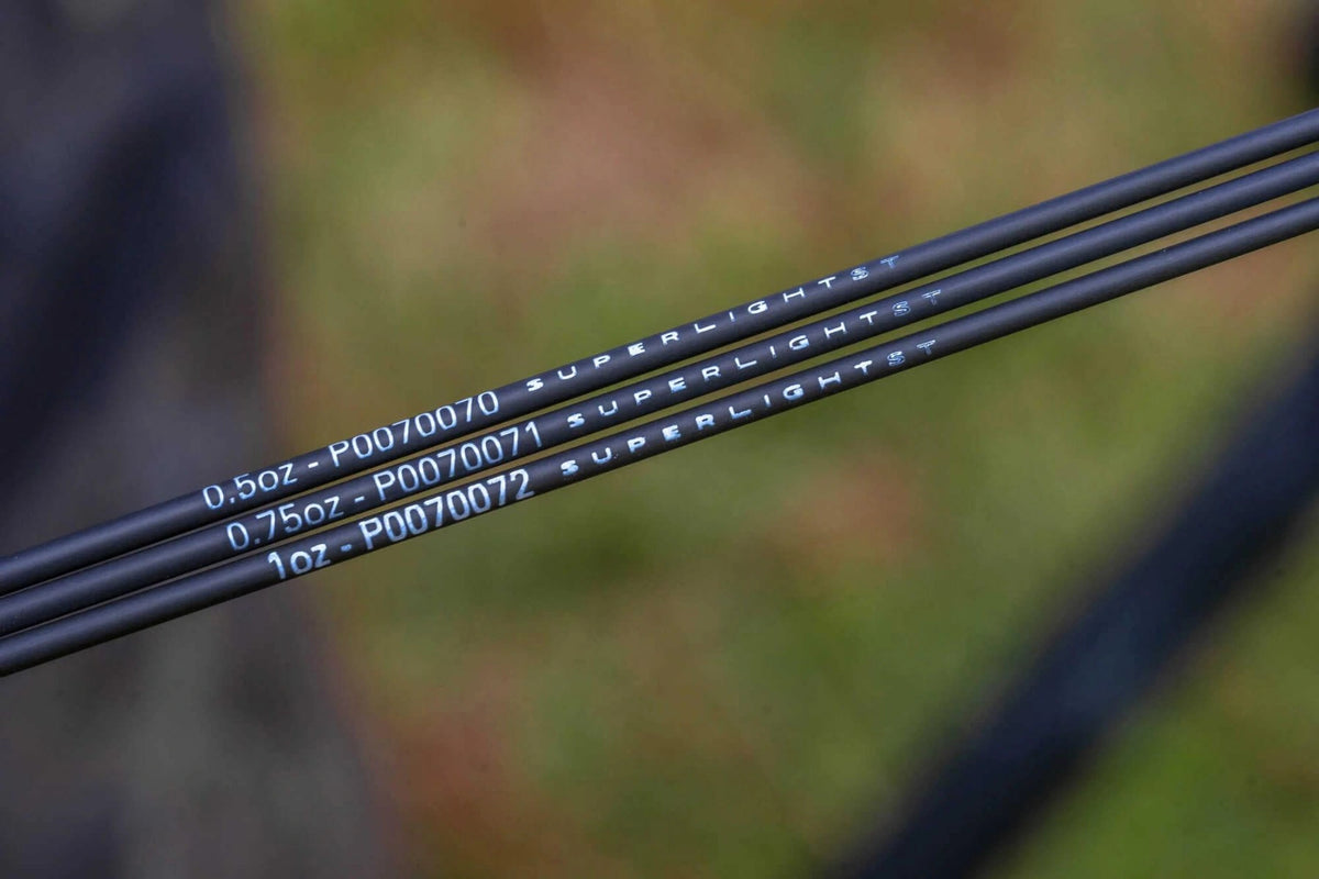 Drie Preston Supera X Superlight quivertips met aanduiding van de topsterkte