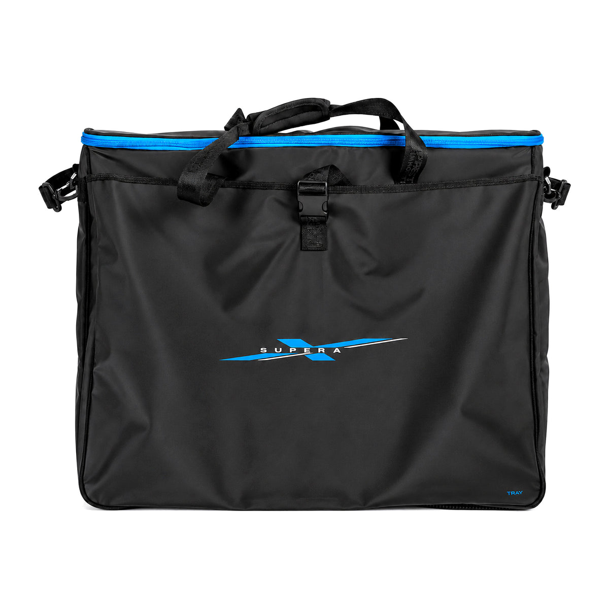 Preston Supera X Tray – zwarte aastafeltas met blauwe rits, draaggrepen en SUPERA X-logo