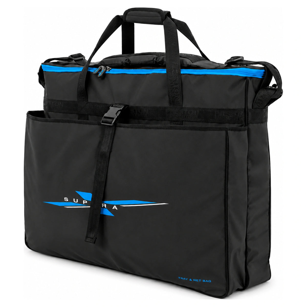 Preston Supera X Tray & Net Bag – zwarte tas met blauw ritsvak, draaggrepen en voorvak voor de aastafel