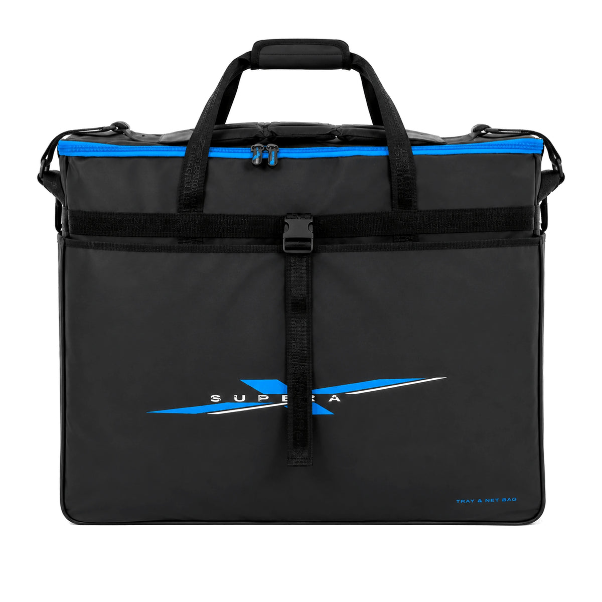 Preston Supera X Tray & Net Bag – recht vooraanzicht met extern aastafelvak en sluitriem