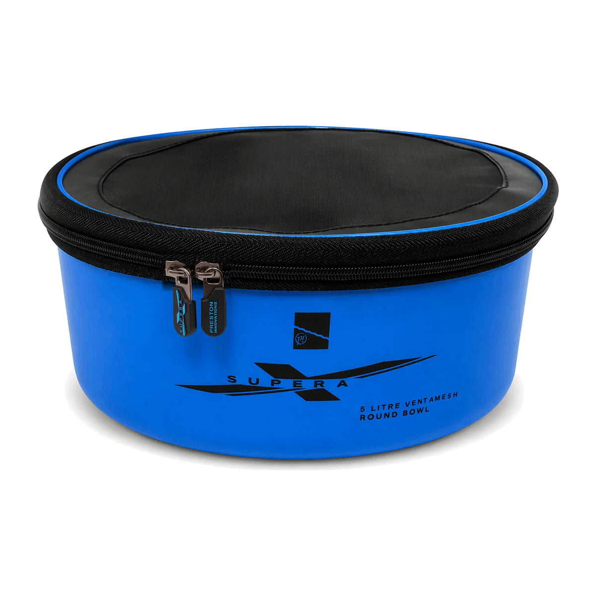 Preston Supera X Ventamesh Round Bowl 5 L – blauwe aasbak met gesloten zwart ventilatiedeksel, P0130168