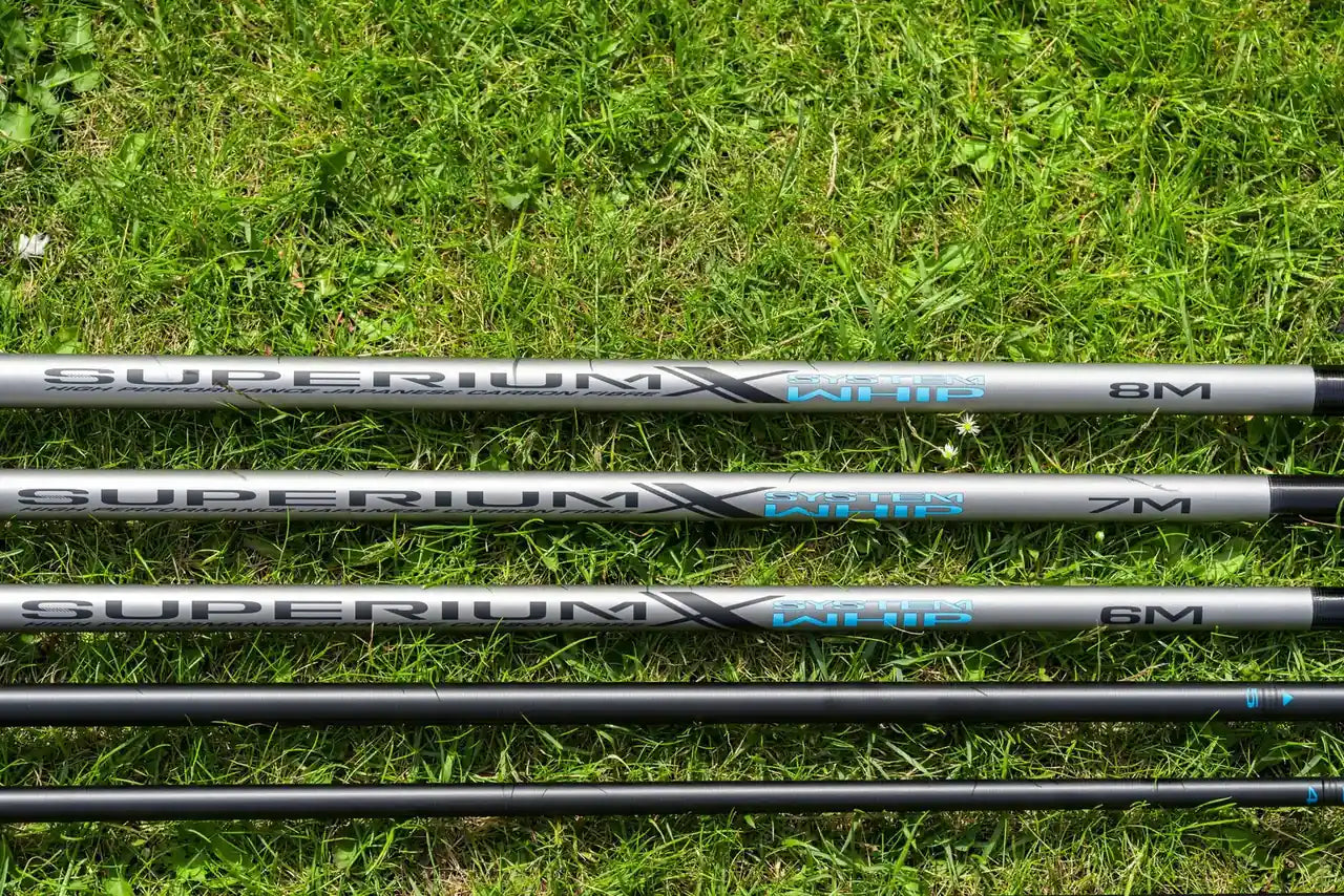 Preston Superium 8m System Whip – volledige set hengeldelen met lengtemarkeringen
