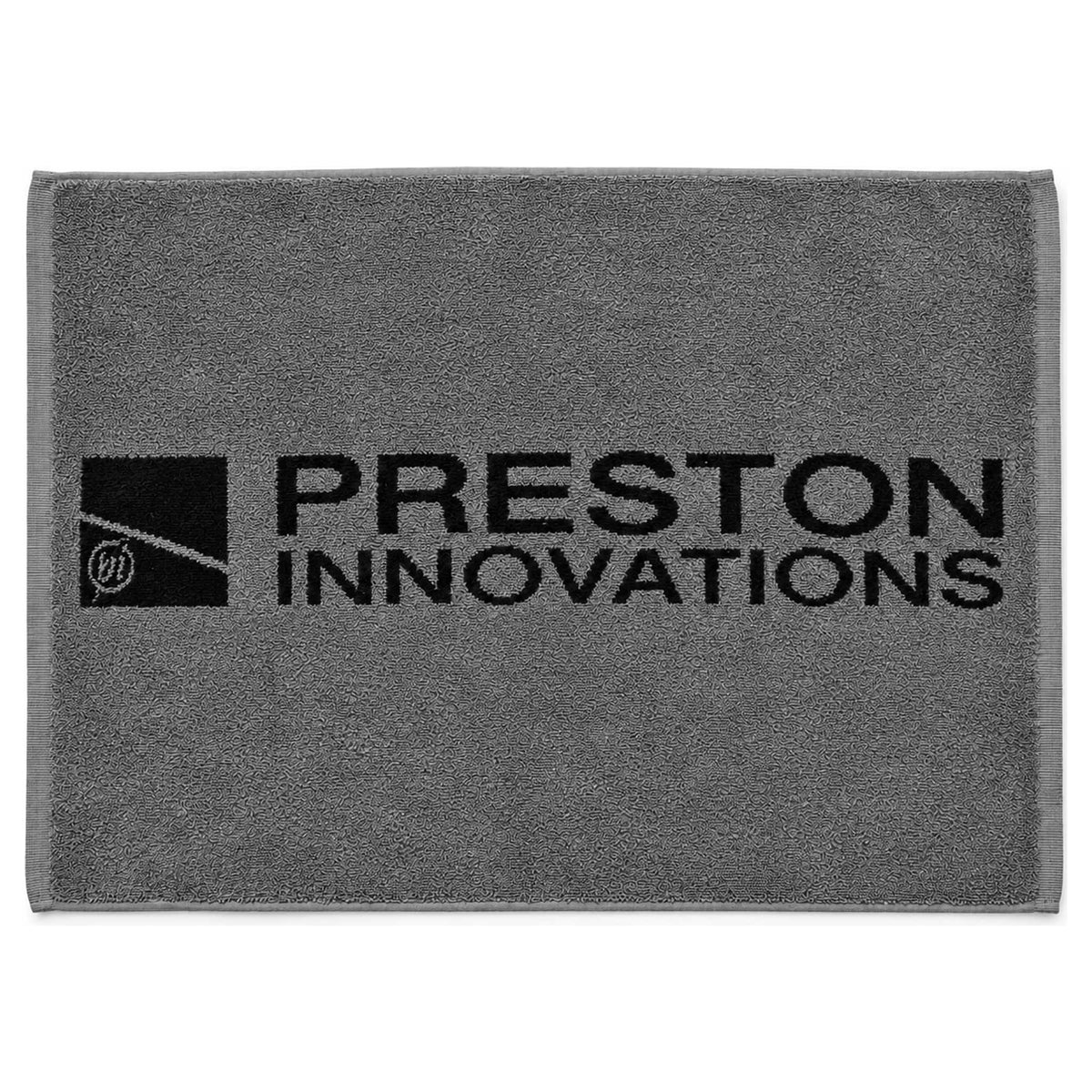 Grijze Preston handdoek met zwart ingeweven Preston Innovations-logo