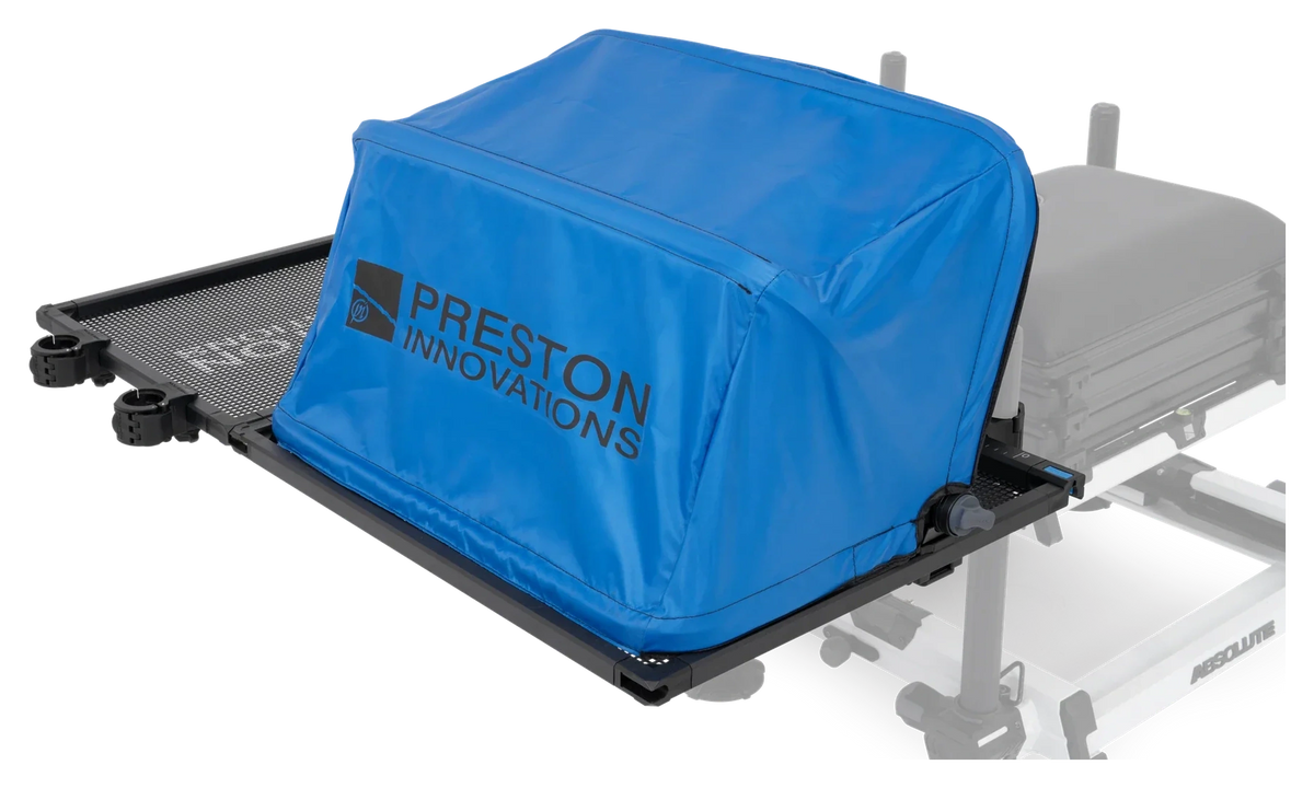 Preston Ventalite Hoodie Combi Side Tray – gesloten blauwe kap en twee Ventamesh tafelbladen