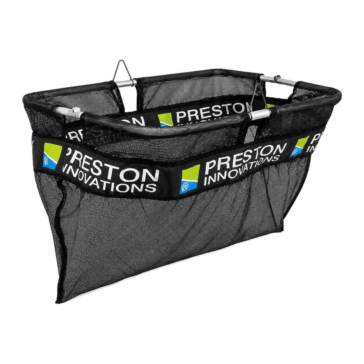 Preston Weigh Net uitgeklapt, met zwart net, zilverkleurig frame en twee ophangogen