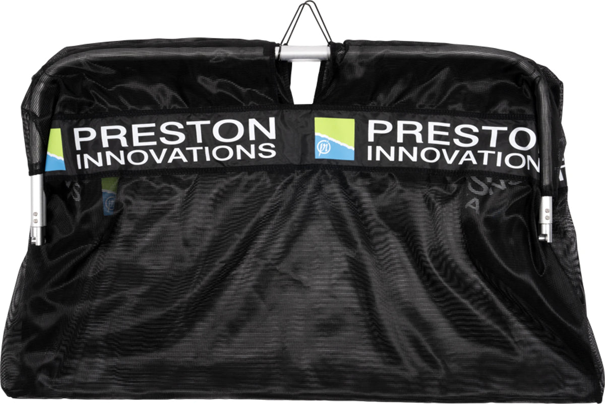 Preston Weigh Net van voren, met zwart net, Preston-opdruk, frame en ophangbeugel