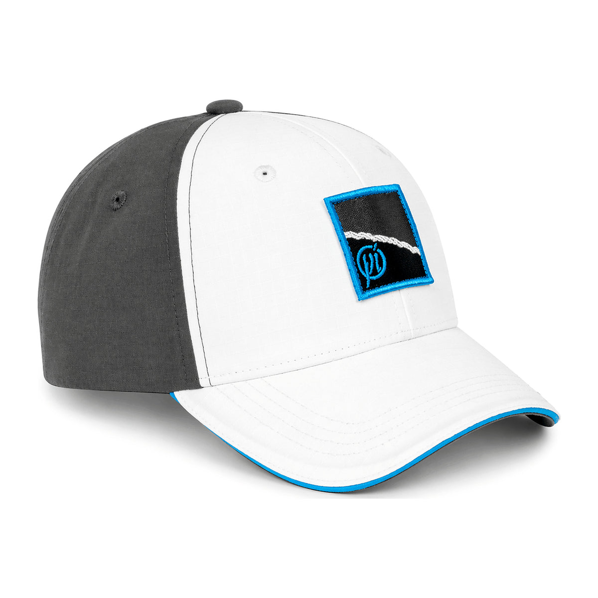 Preston White Drift Cap met witte voorkant en klep, grijze zijpanelen en blauw omrande logopatch