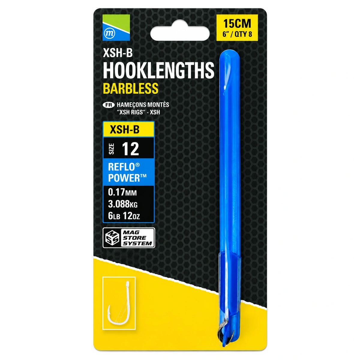 Preston XSH-B Hooklengths Barbless 15 cm maat 12, zwartgele verpakking met blauwe onderlijnhouder
