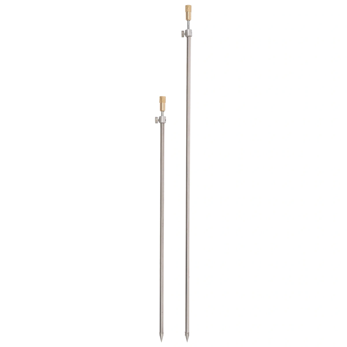 Twee Zebco Trophy RVS banksticks met messing bovenstukken en verstelbare kartelschroeven