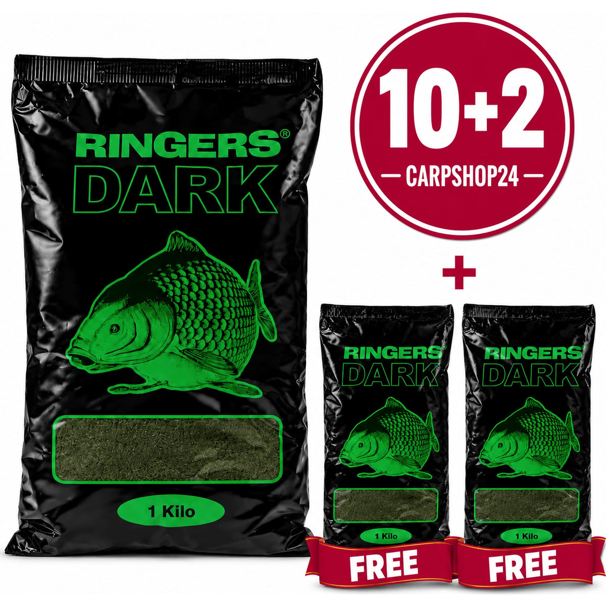 Ringers Dark – drie zwarte zakken met groene karperopdruk, 1 Kilo-aanduiding, 10+2-badge en twee FREE-linten.