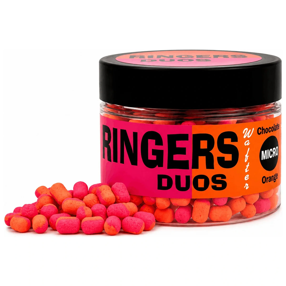 Pot Ringers Duos Micro met zwarte deksel en oranje-roze wafters op de voorgrond