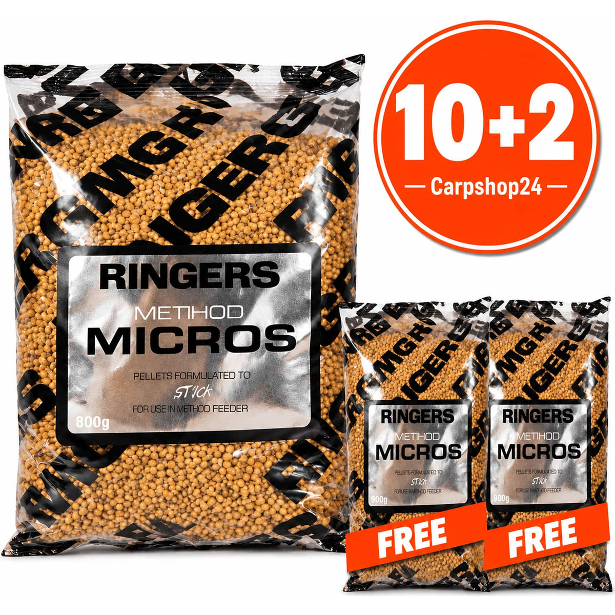 Ringers Method Micros – drie transparante zakken met bruine pellets, zilveren etiketten, 10+2-badge en twee oranje FREE-linten.
