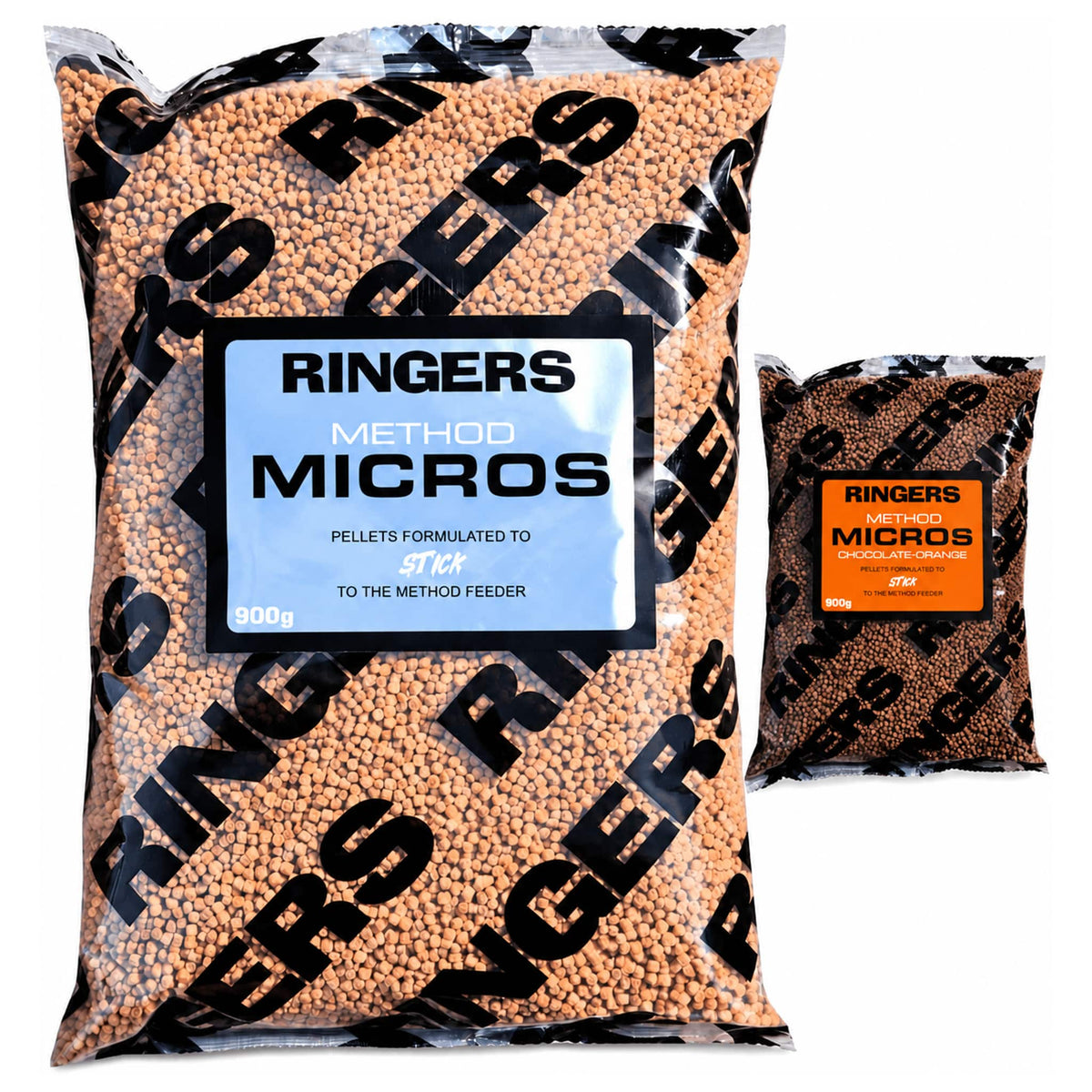 Twee Ringers Method Micros-zakken met blauwe en oranje etiketten en 900 g-opdruk