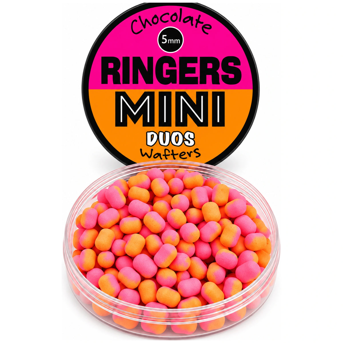 Ringers Mini Duos Wafters 5 mm in oranje en roze in een geopende ronde pot met Chocolate-etiket