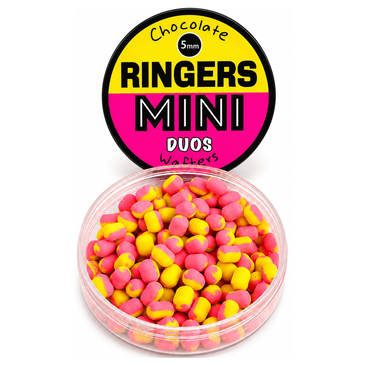 Ringers Mini Duos Wafters 5 mm geel-roze in geopende pot met Chocolate-etiket