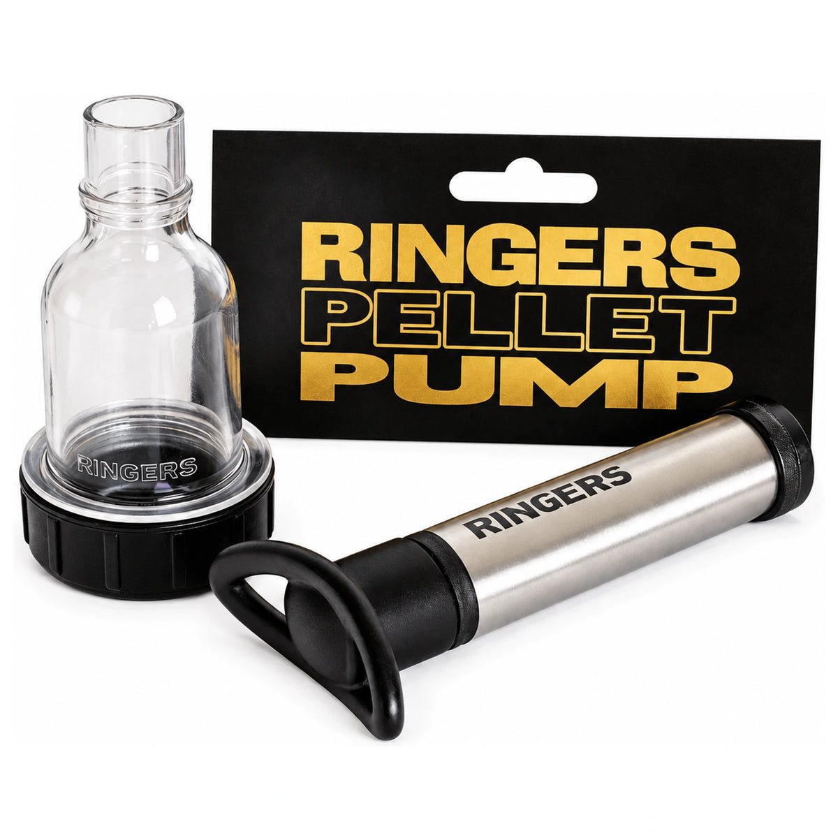 Ringers pelletpomp met transparante container, metalen handpomp en verpakkingskaart