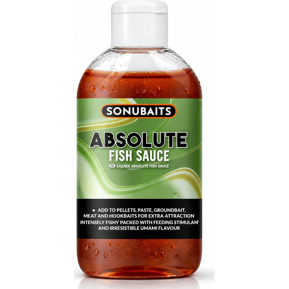 Sonubaits Absolute Fish Sauce – transparante fles met bruine vloeistof, witte dop en groen-zwart etiket, van voren gezien.