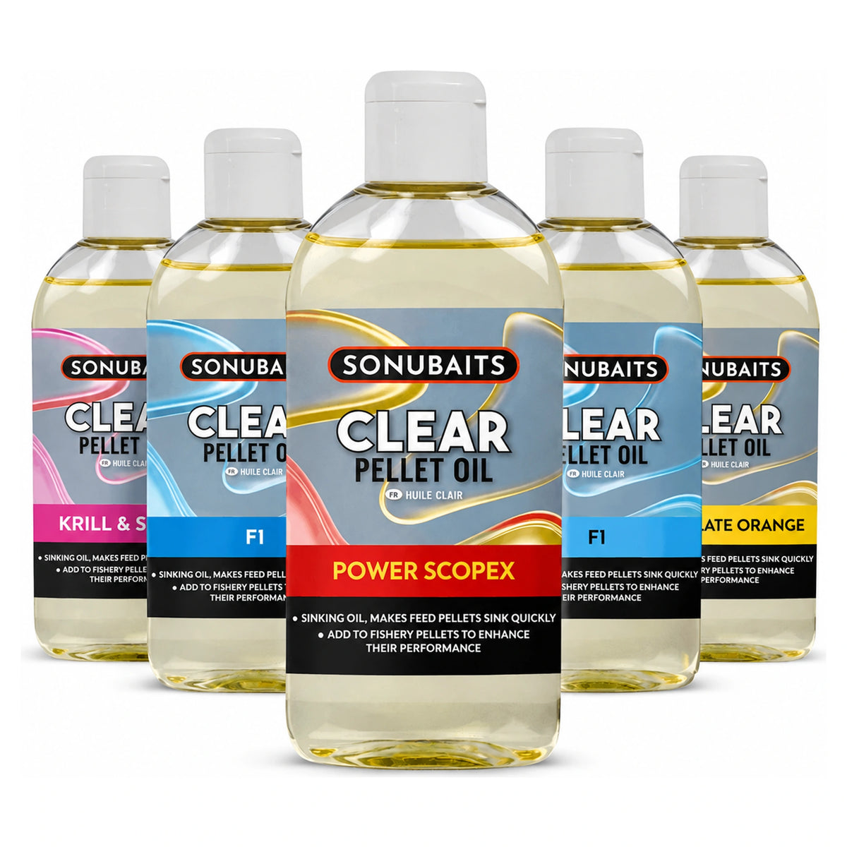 Sonubaits Clear Pellet Oils vijf flessen in verschillende uitvoeringen