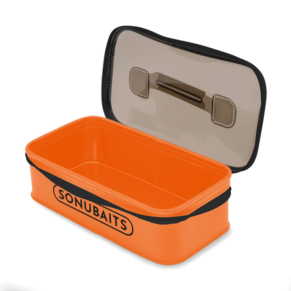 Sonubaits EVA Hookbait Storage Systems: brede lege oranje bak met open gerookt deksel