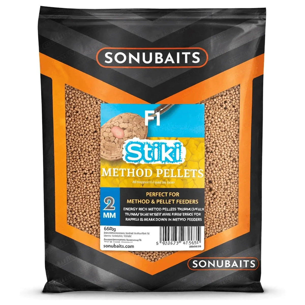 Sonubaits F1 Stiki Method Pellets in zwart-oranje zak met zichtbare pellets en opdruk 2 mm