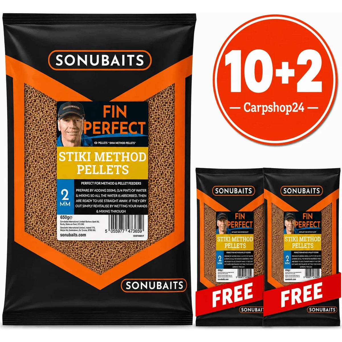 Sonubaits Fin Perfect Stiki Method Pellets 650g 2mm – drie zakken met 10+2-badge en twee FREE-linten