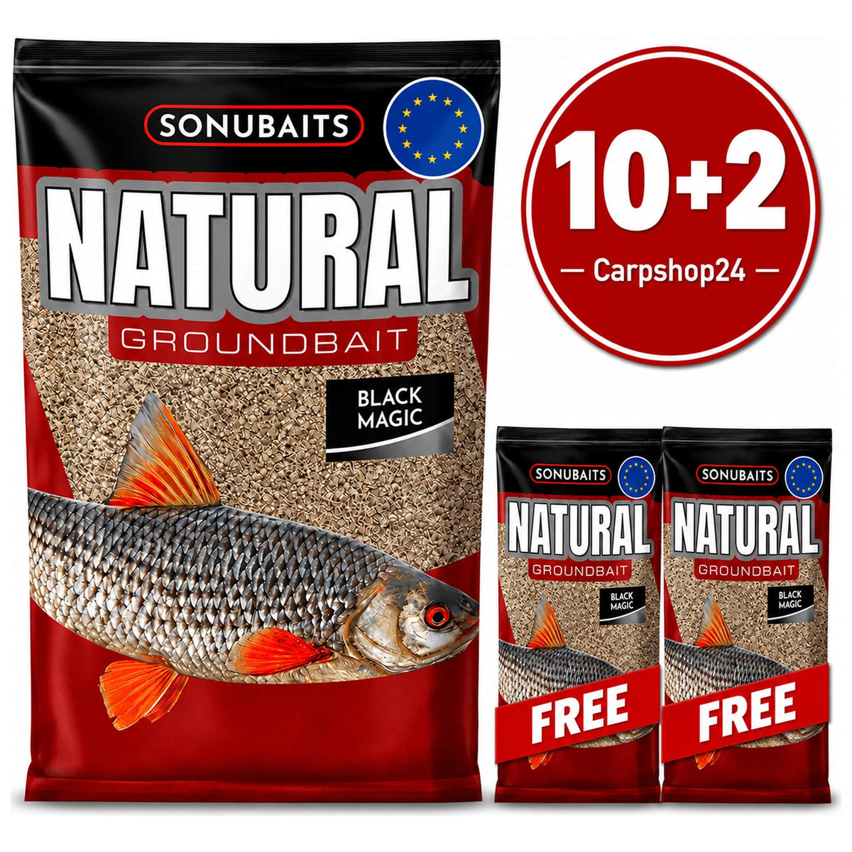 Sonubaits Natural Groundbait Black Magic met visafbeelding, rode 10+2-badge en twee zakken met FREE-linten