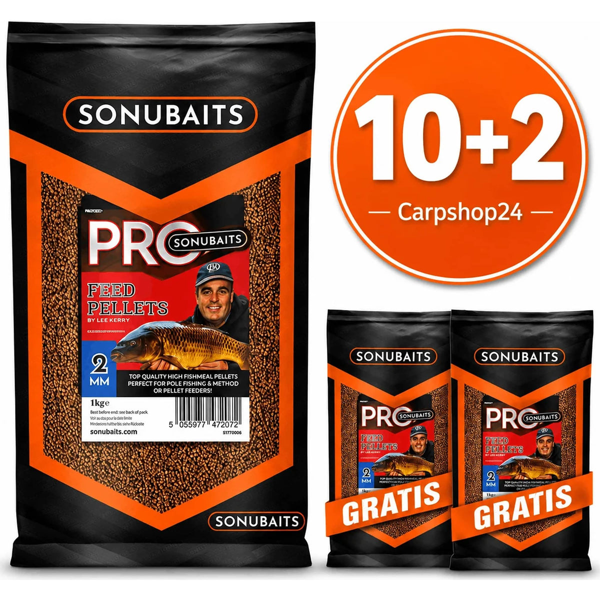 Sonubaits Pro Feed Pellets – drie 1kg-verpakkingen van 2 mm met 10+2-badge en GRATIS-linten