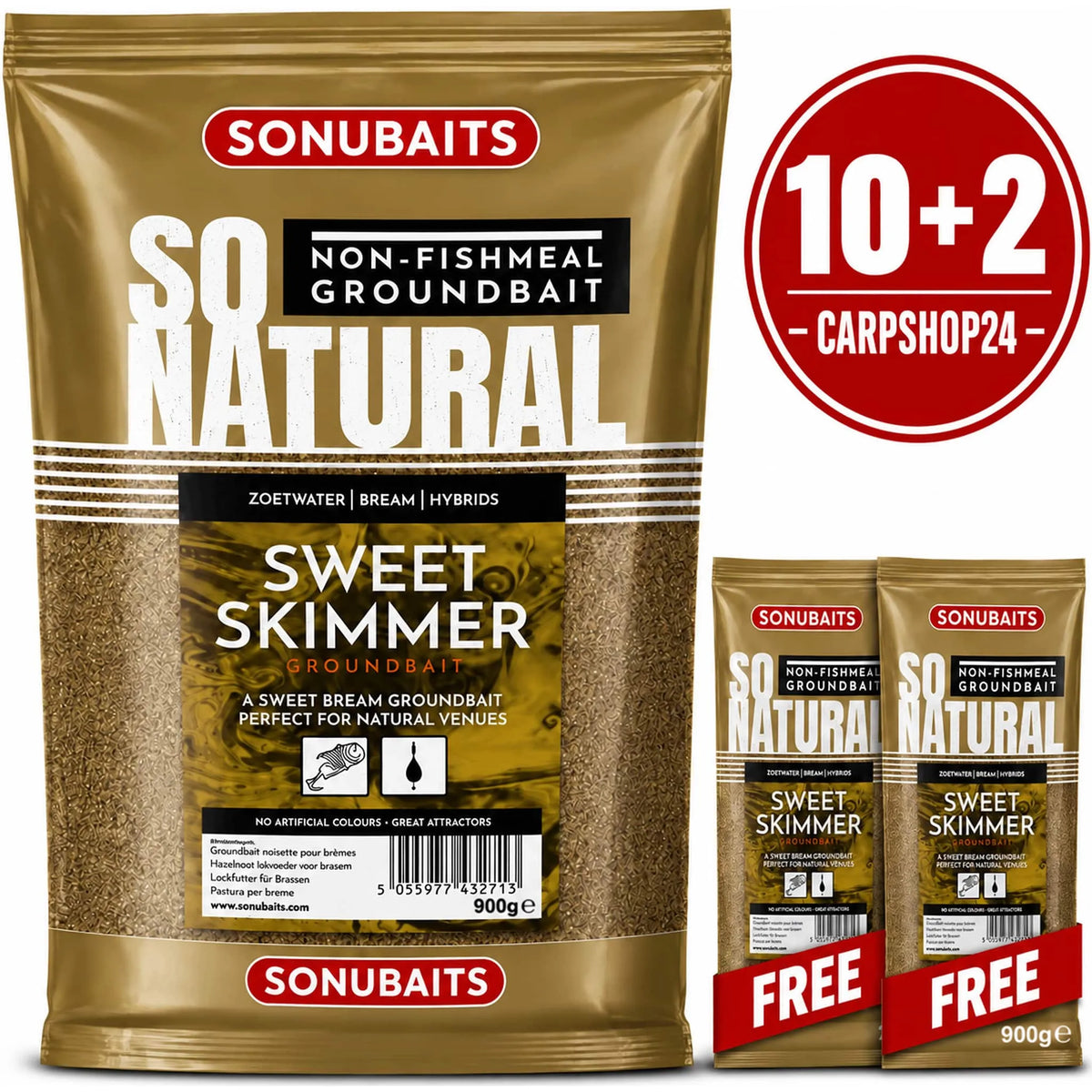 Sonubaits So Natural Sweet Skimmer – gouden 900g-verpakkingen met 10+2-badge en twee FREE-linten