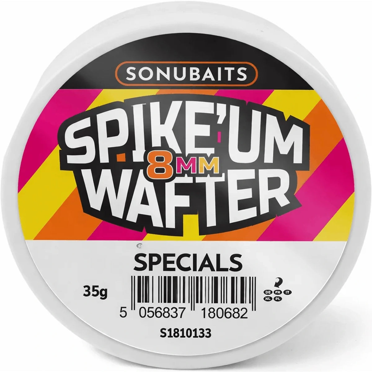 Sonubaits Spike’um Wafter Specials – wit rond potje met kleurrijk etiket, 8 mm- en 35 g-opdruk.