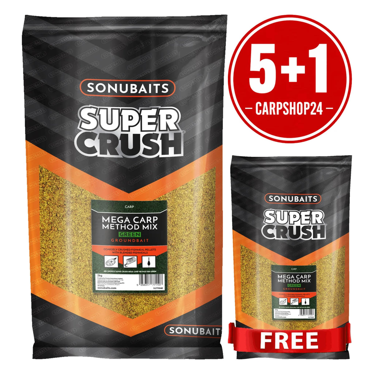 Sonubaits Super Crush Mega Carp Method Mix Green 2 kg met 5+1-badge en één gratis zak