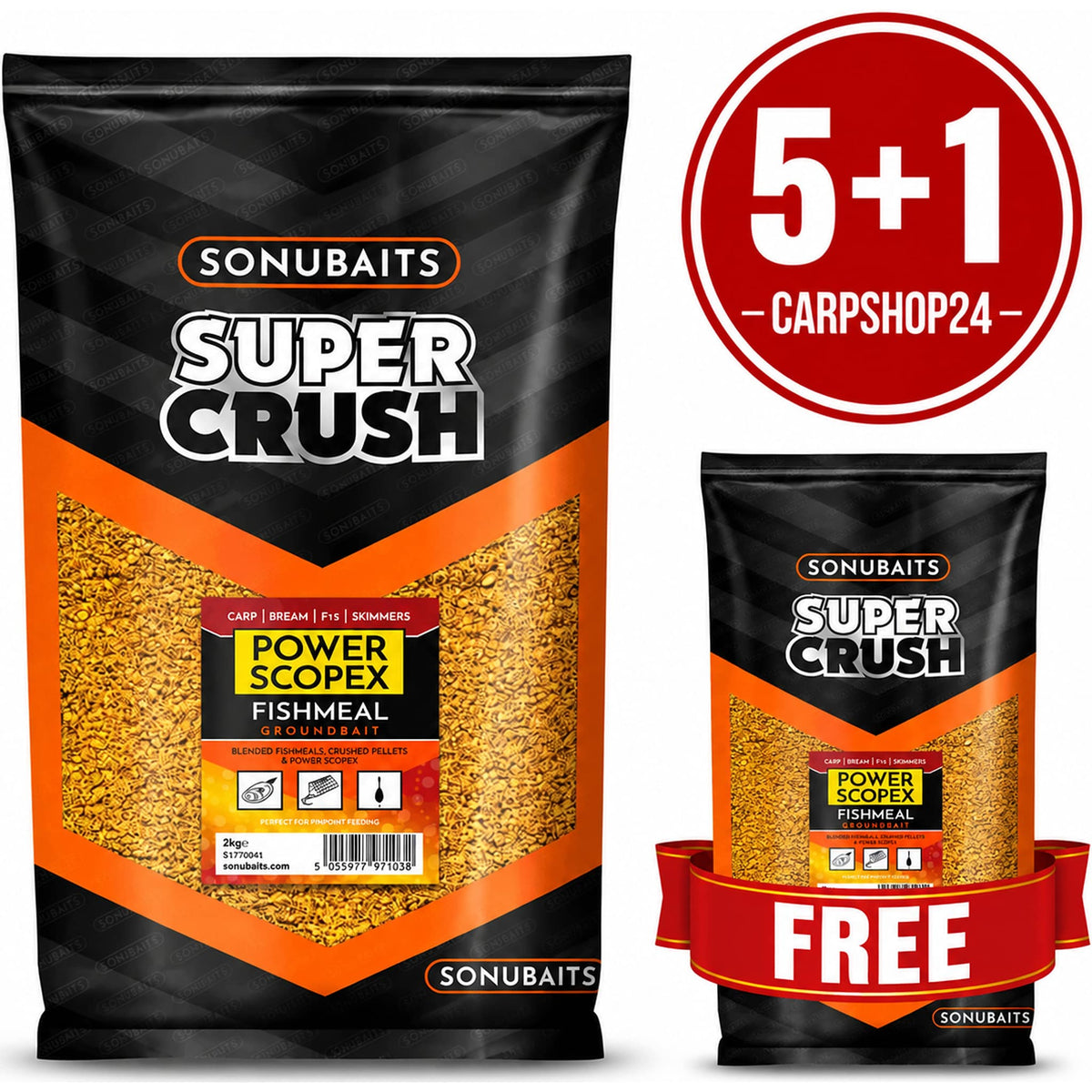Sonubaits Super Crush Power Scopex Fishmeal Groundbait – twee 2kg-verpakkingen met 5+1-badge en FREE-lint