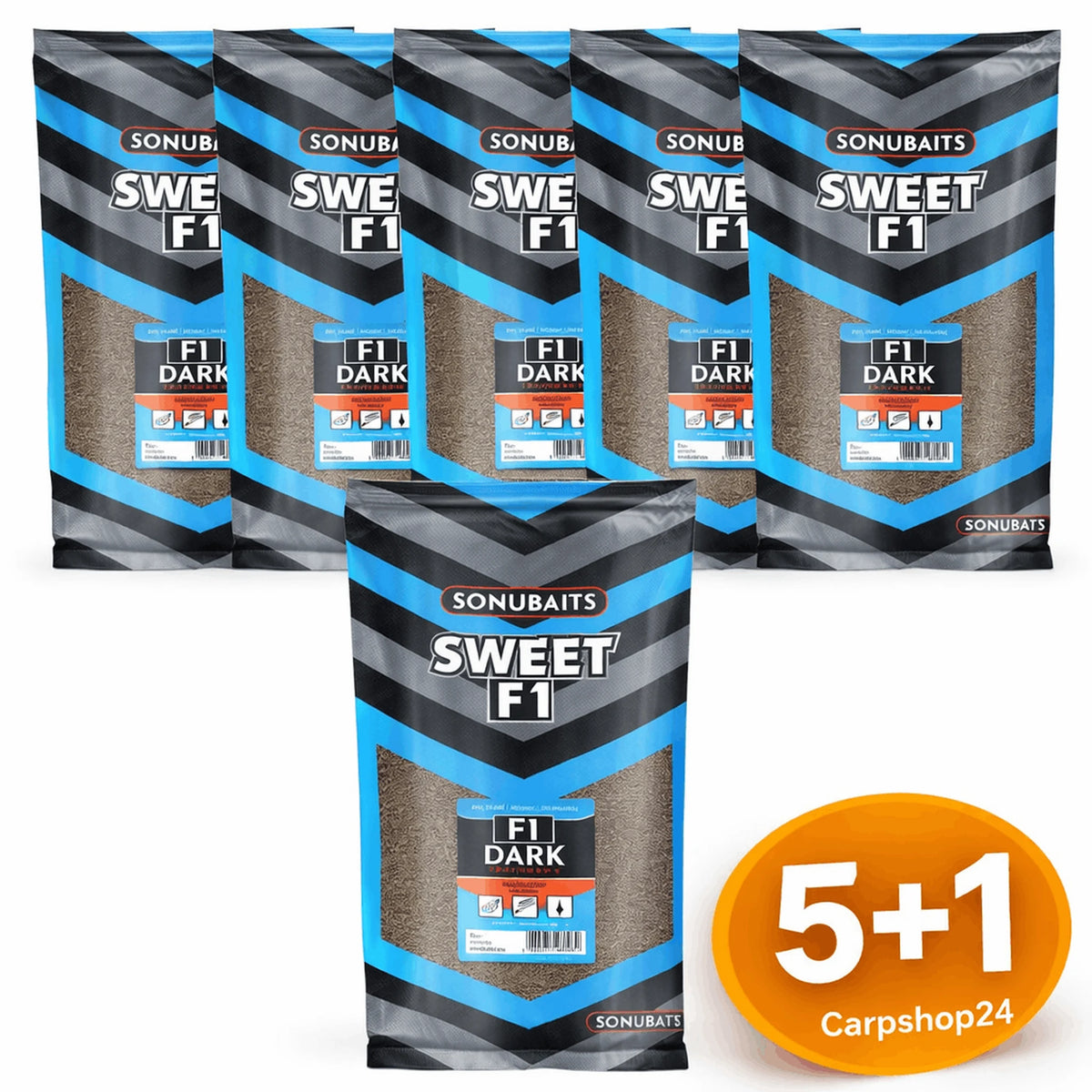 Zes zakken Sonubaits Sweet F1 Dark 2 kg grondvoer bij de 5+1-pakketdeal