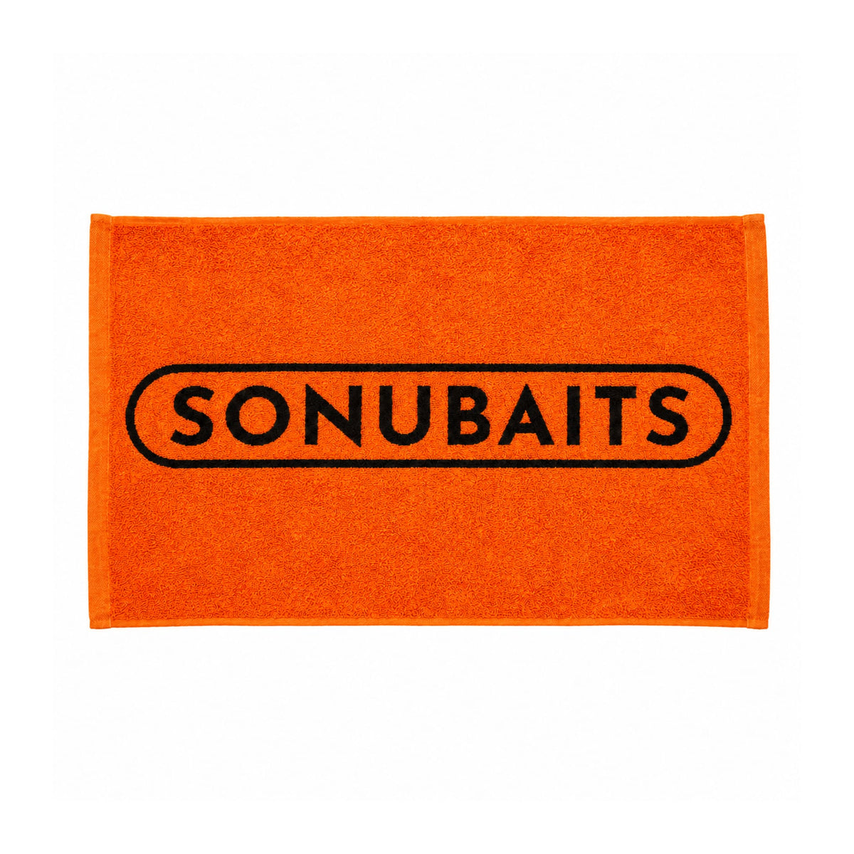 Oranje Sonubaits Towel handdoek S0950008 met zwarte Sonubaits-opdruk, recht van boven op wit