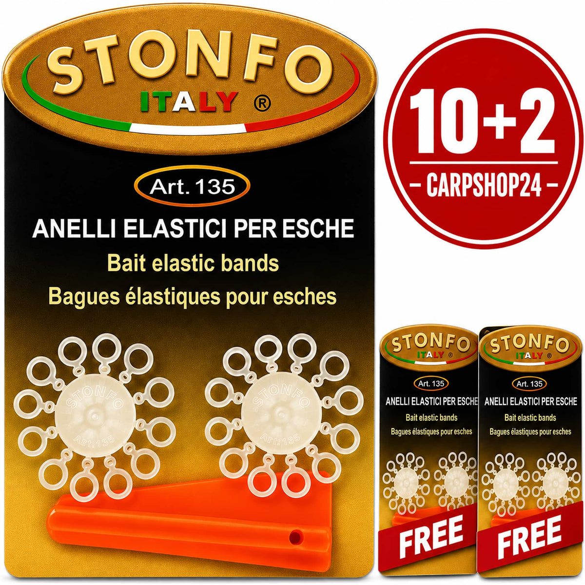 Stonfo Bait Bands – drie verpakkingen met witte ringrekjes, oranje hulpstuk, 10+2-badge en twee rode FREE-linten.