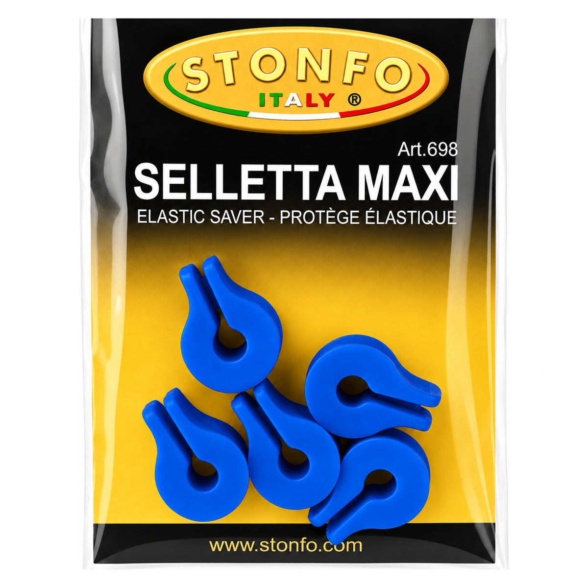 Stonfo Selletta Maxi Art.698-verpakking met vijf blauwe elastiekbeschermers
