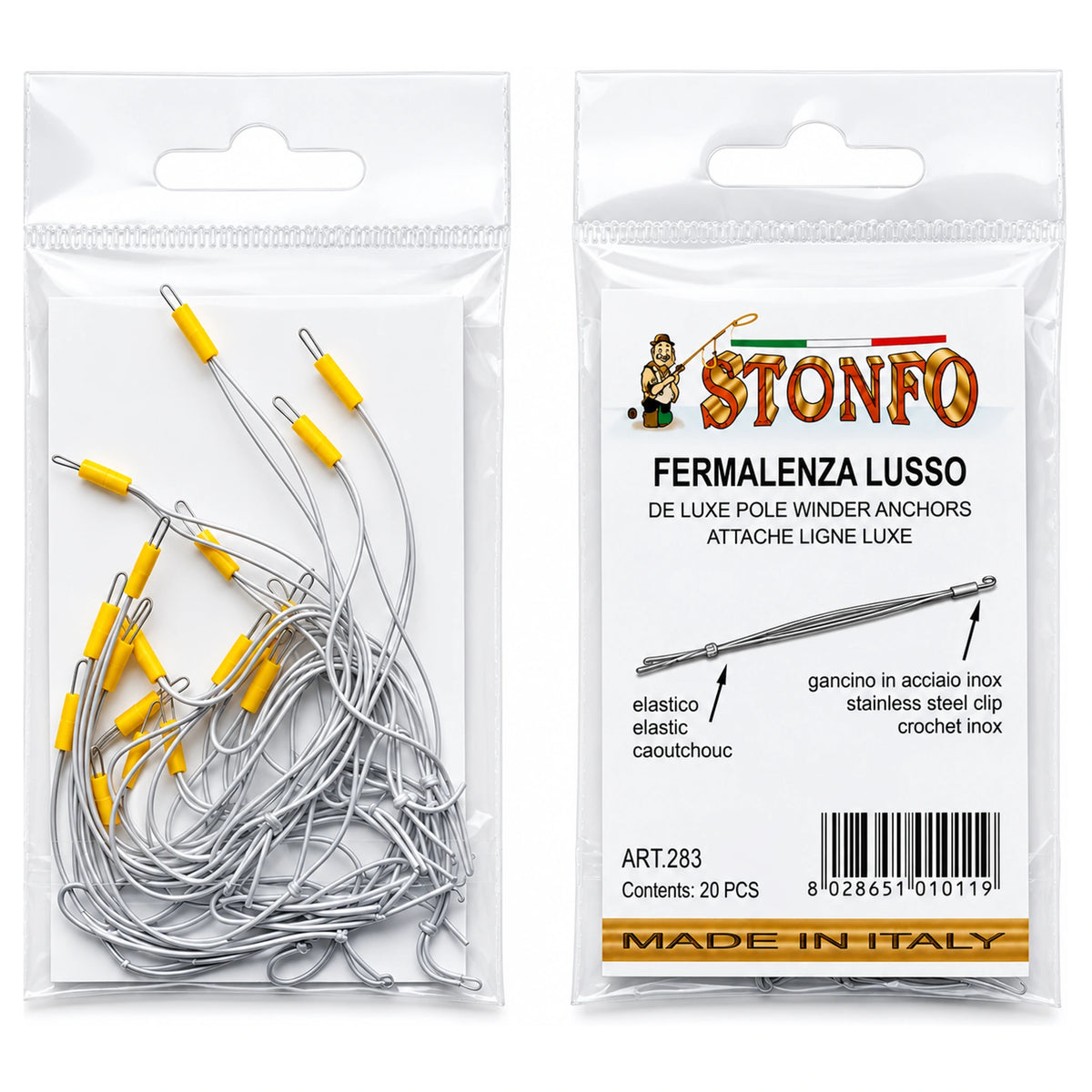 Stonfo Pole Winder Anchors in verpakking met gele elastiekhouders voor tuigenlatjes