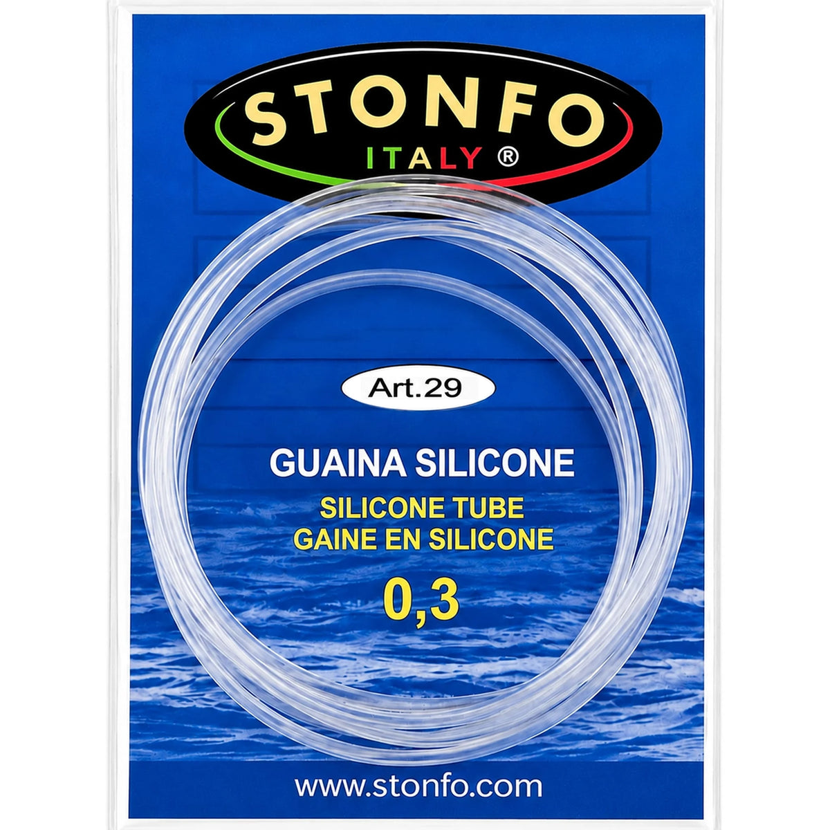 Stonfo Silicon Tube – transparante siliconenslang op blauwe verpakking met aanduiding 0,3