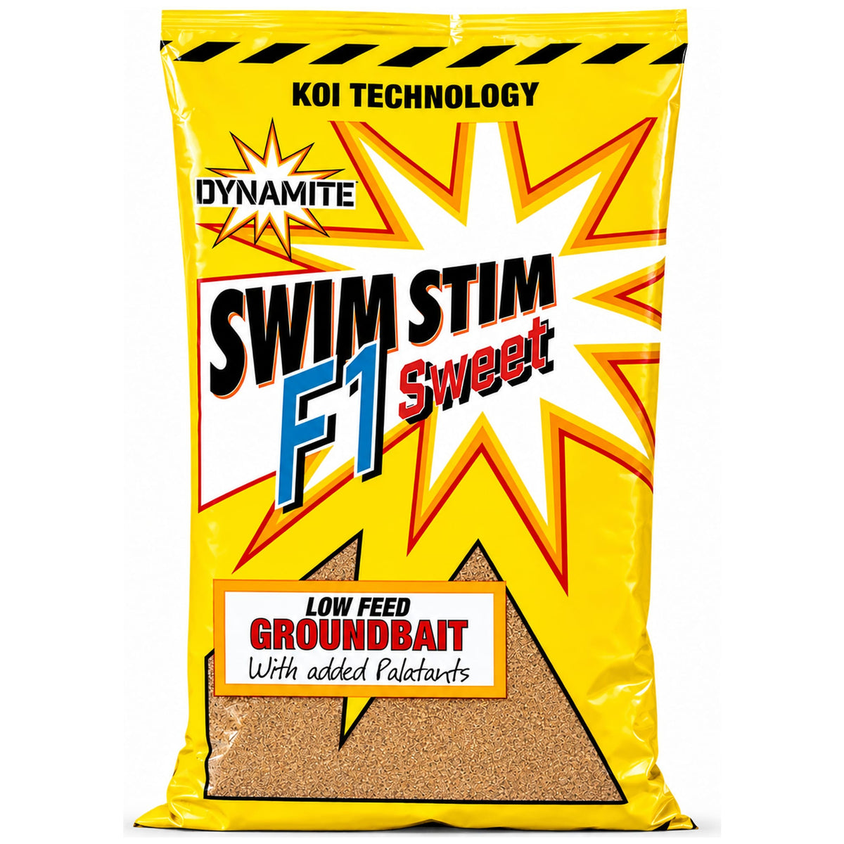 Gele zak Dynamite Baits Swim Stim F1 Sweet Low Feed Groundbait op witte achtergrond.