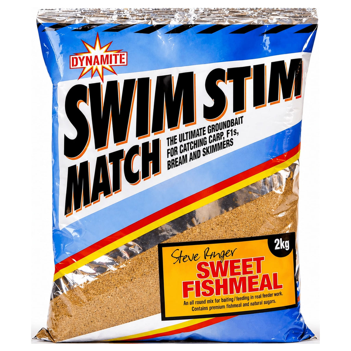 Blauw-zilveren zak Dynamite Swim Stim Match Sweet Fishmeal van 2 kg, vooraanzicht