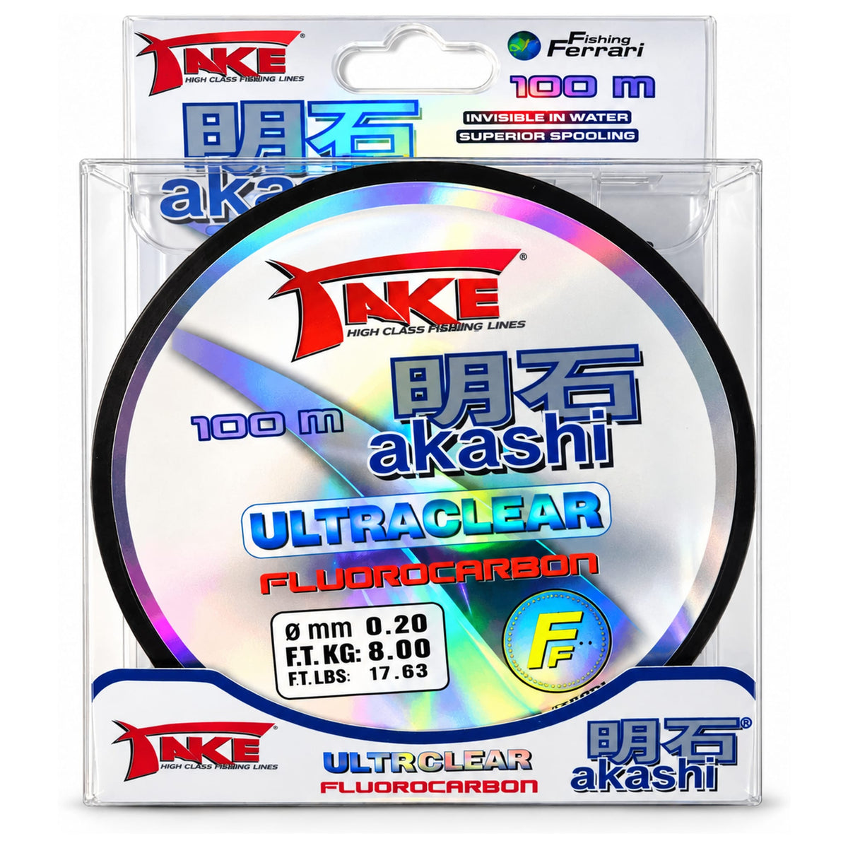 TAKE Akashi Ultraclear fluorocarbonspoel in verpakking, 100 m en 0.20 mm