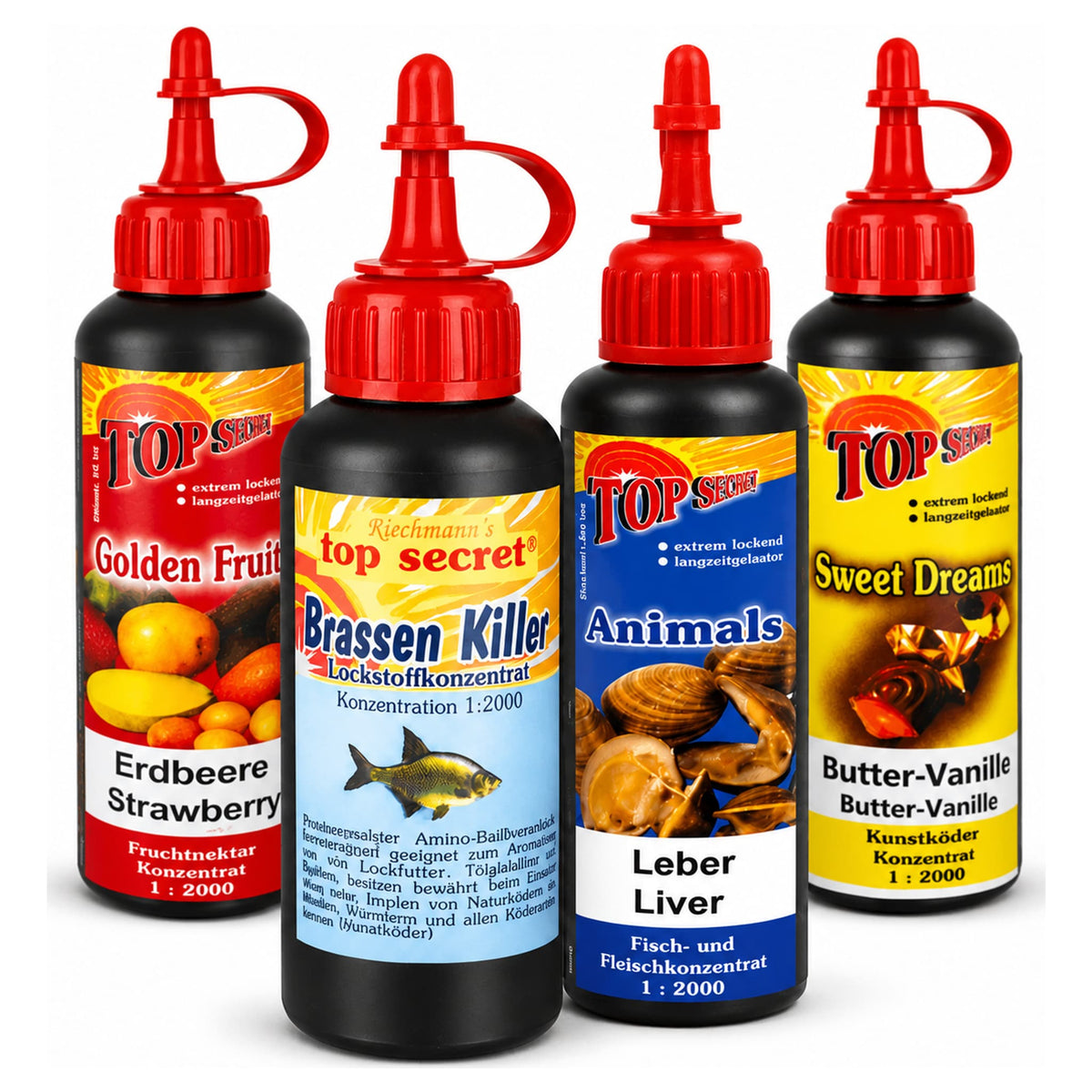 Vier zwarte Top Secret-aromaflessen met rode doppen en rode, lichtblauwe, blauwe en gele etiketten