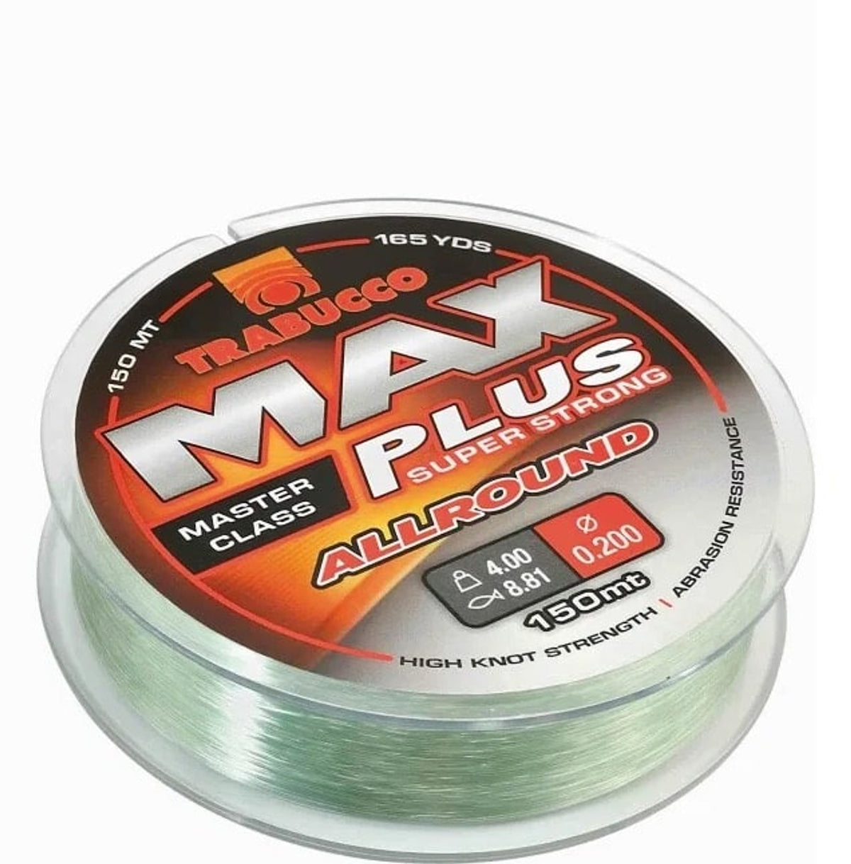 Trabucco Max Plus Allround – schuin aanzicht van de transparante spoel met lichtgroene lijn, 0.200 mm