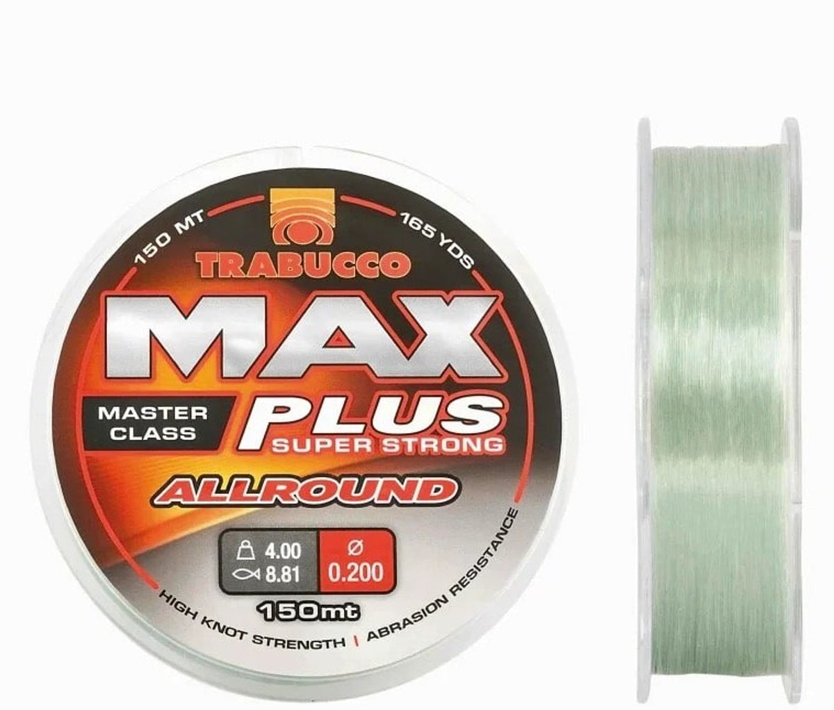 Trabucco Max Plus Allround – vooraanzicht 0.200 mm en zijaanzicht van de lichtgroene lijnspoel