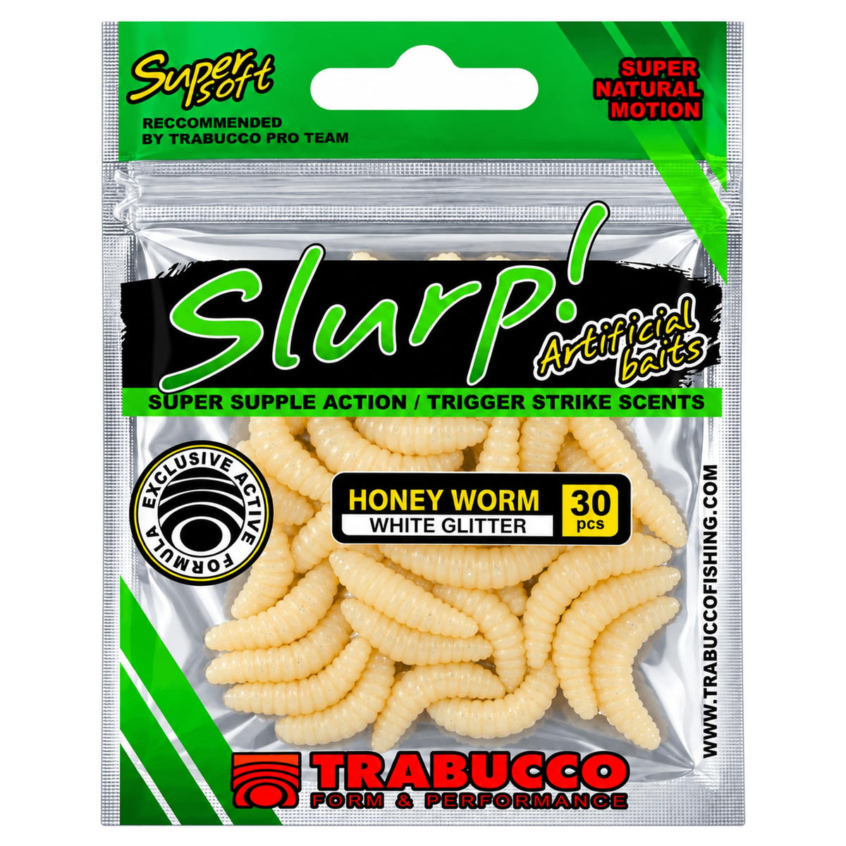 Trabucco Slurp Honey Worm verpakking met WHITE GLITTER en 30 pcs