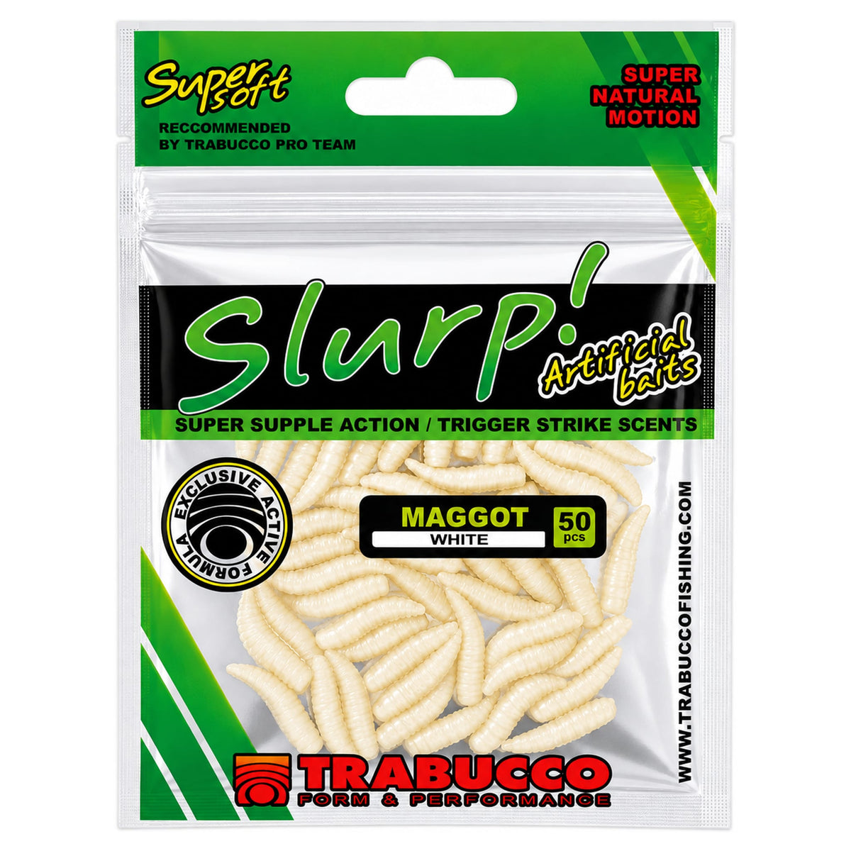 Trabucco Slurp Maggot verpakking met witte maden en opdruk WHITE 50 pcs