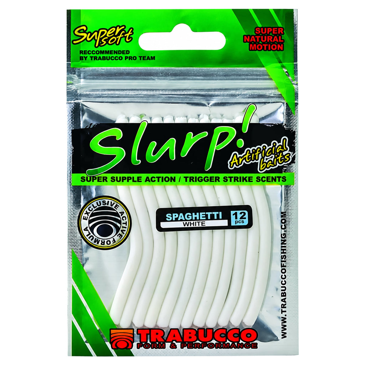 Trabucco Slurp Spaghetti verpakking met witte aasstrengen en opdruk WHITE 12 pcs